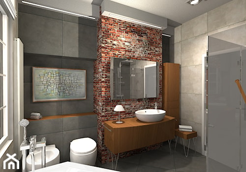 Łazienka z cegłą - Średnia z lustrem z punktowym oświetleniem łazienka z oknem, styl industrialny - zdjęcie od Pracownia55