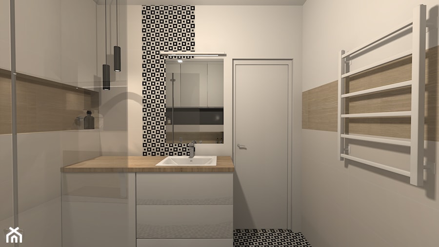 Łazienka nowoczesna - czarno biała mozaika i drewno - Łazienka, styl nowoczesny - zdjęcie od Pracownia55