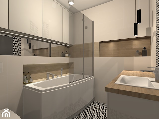 Łazienka nowoczesna - czarno biała mozaika i drewno