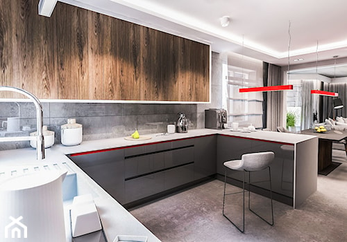 Projekt domu pod Łodzią - Średnia otwarta z salonem z kamiennym blatem czarna z zabudowaną lodówką z lodówką wolnostojącą z nablatowym zlewozmywakiem kuchnia w kształcie litery u z oknem, styl nowoczesny - zdjęcie od BIBI Designe