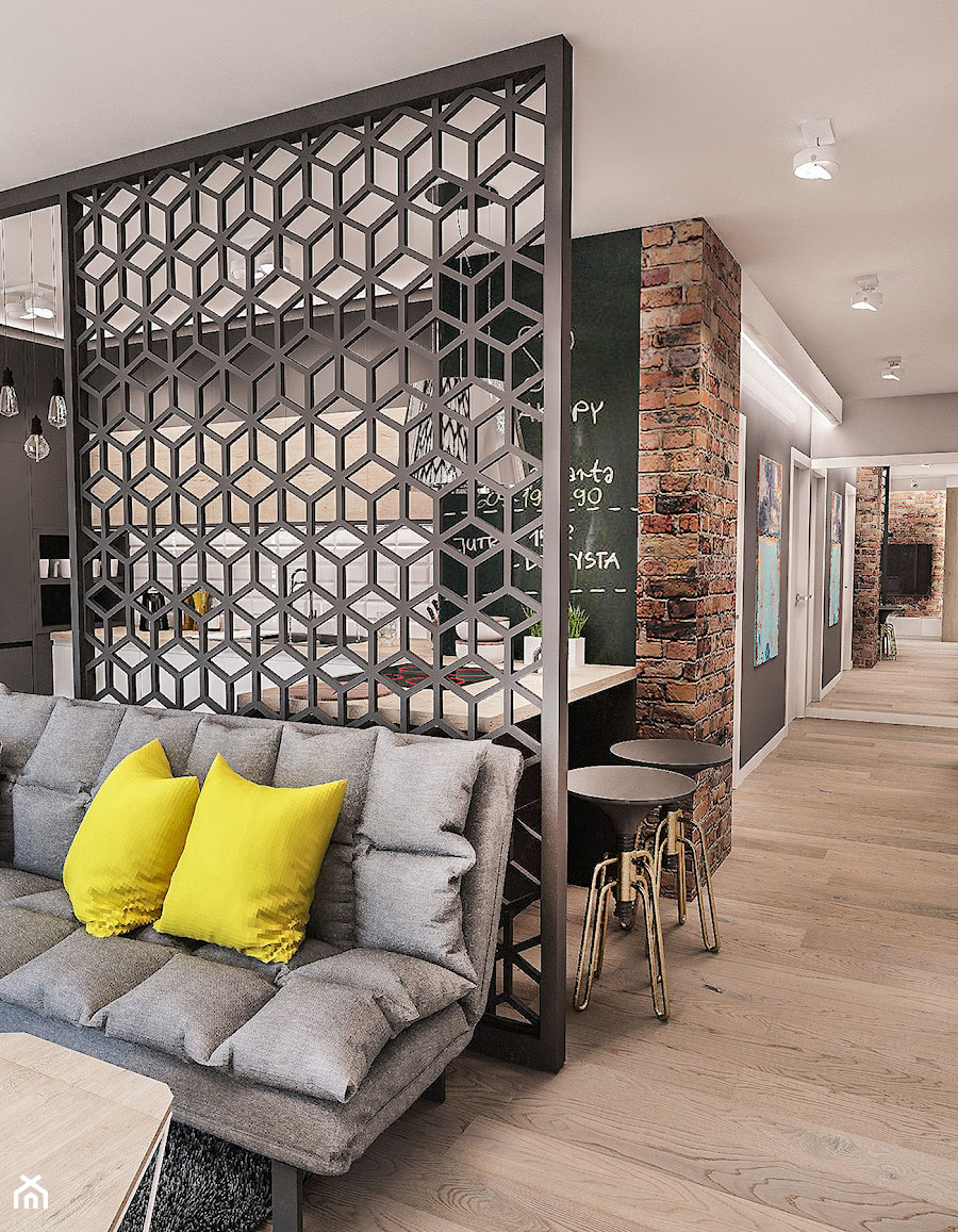 Projekt mieszkania 60 m2 w Gdańsku - Średnia otwarta biała czarna z zabudowaną lodówką z nablatowym zlewozmywakiem kuchnia w kształcie litery u, styl skandynawski - zdjęcie od BIBI Designe