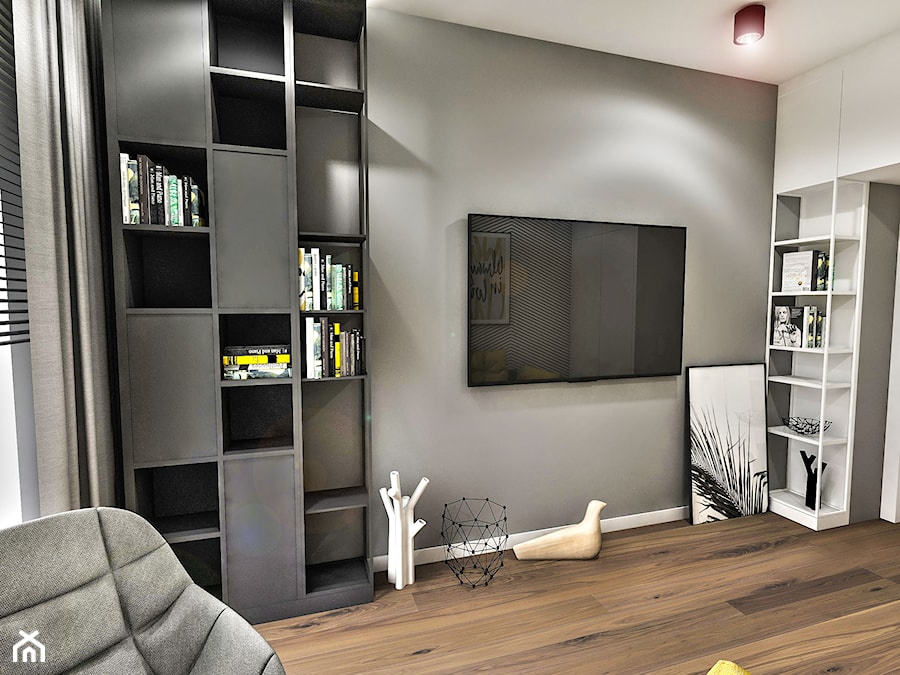 PROJEKT MIESZKANIA - LDZ 2018 - Średnie z sofą białe czarne szare biuro - zdjęcie od BIBI Designe