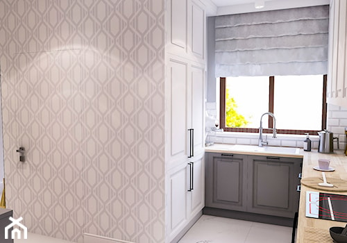 PROJEKT WNĘTRZ DOMU POD WARSZAWĄ 2018 - Mała otwarta z salonem biała z zabudowaną lodówką z podblatowym zlewozmywakiem kuchnia w kształcie litery l z oknem z marmurową podłogą, styl nowoczesny - zdjęcie od BIBI Designe