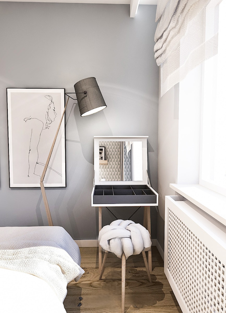 PROJEKT SYPIALNI - Mała szara sypialnia, styl skandynawski - zdjęcie od BIBI Designe