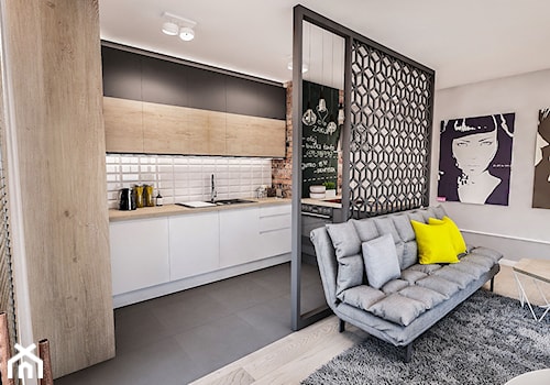 Projekt mieszkania 60 m2 w Gdańsku - Średnia otwarta z salonem biała z zabudowaną lodówką kuchnia w kształcie litery u, styl skandynawski - zdjęcie od BIBI Designe