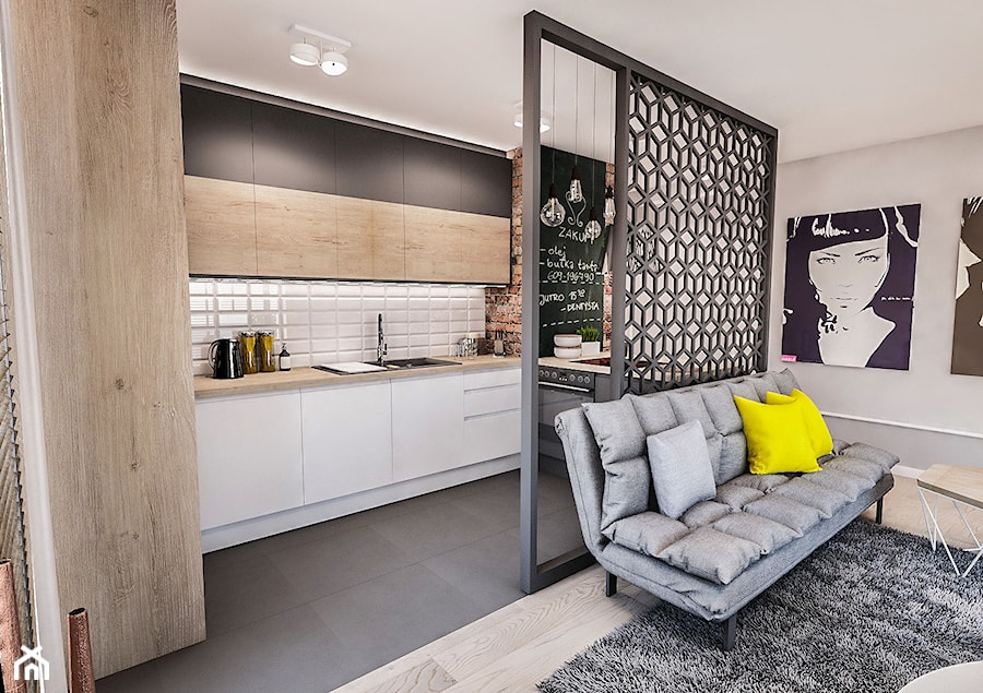 Projekt mieszkania 60 m2 w Gdańsku - Średnia otwarta z salonem biała z zabudowaną lodówką kuchnia w kształcie litery u, styl skandynawski - zdjęcie od BIBI Designe