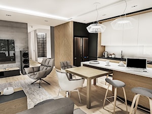 Projekt Mieszkania W-wa 2019 - Duża otwarta z salonem z kamiennym blatem szara z zabudowaną lodówką z lodówką wolnostojącą z nablatowym zlewozmywakiem kuchnia w kształcie litery l - zdjęcie od BIBI Designe