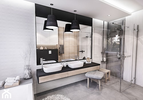 PROJEKT MIESZKANIA - LDZ 2017 - Średnia bez okna z lustrem z dwoma umywalkami z punktowym oświetleniem łazienka - zdjęcie od BIBI Designe