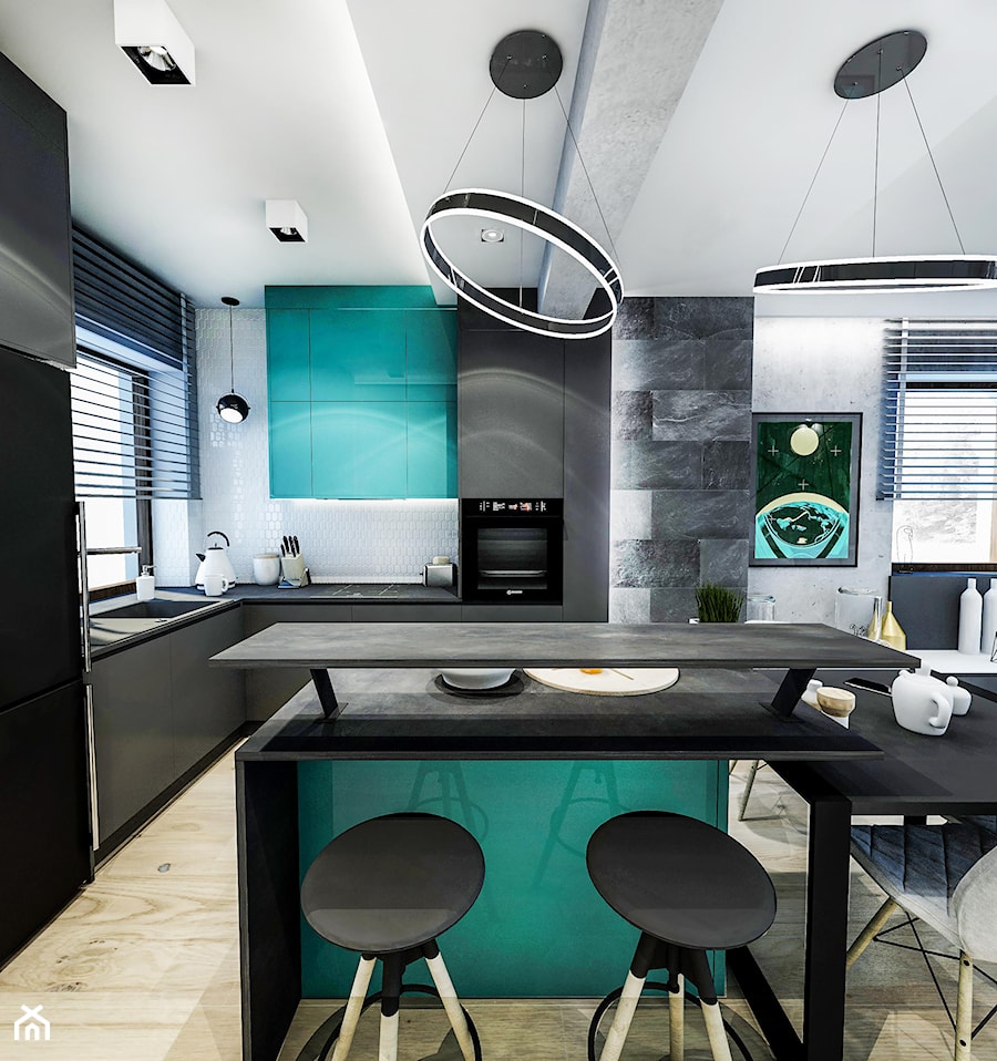 Duża otwarta z salonem biała czarna z zabudowaną lodówką z podblatowym zlewozmywakiem kuchnia w kształcie litery l z oknem, styl nowoczesny - zdjęcie od BIBI Designe