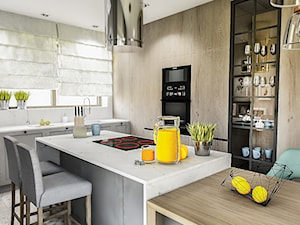 Projekt wnętrza domu pod Sewillą - Duża otwarta biała z zabudowaną lodówką z podblatowym zlewozmywakiem kuchnia w kształcie litery l z wyspą lub półwyspem z oknem - zdjęcie od BIBI Designe
