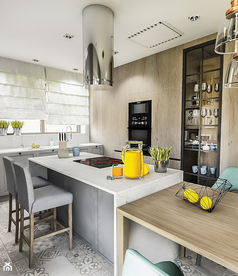 Projekt wnętrza domu pod Sewillą - Duża otwarta biała z zabudowaną lodówką z podblatowym zlewozmywakiem kuchnia w kształcie litery l z wyspą lub półwyspem z oknem - zdjęcie od BIBI Designe