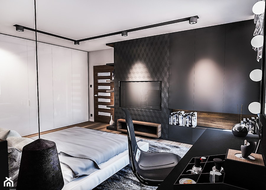 PROJEKT SYPIALNI NA PODDASZU - Średnia czarna szara z biurkiem sypialnia, styl nowoczesny - zdjęcie od BIBI Designe