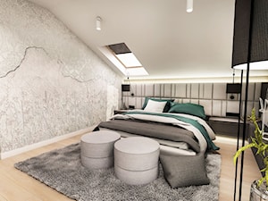 Projekt wnętrza domu pod Sewillą - Mała biała szara sypialnia na poddaszu - zdjęcie od BIBI