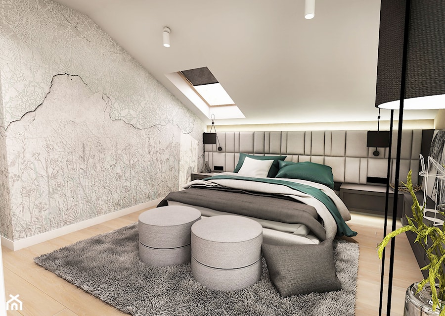Projekt wnętrza domu pod Sewillą - Mała biała szara sypialnia na poddaszu - zdjęcie od BIBI Designe