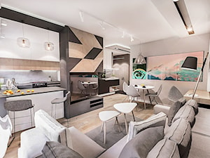 Projekt mieszkania 70m2- Wawa 2017 - Mały biały salon z kuchnią z jadalnią, styl nowoczesny - zdjęcie od BIBI