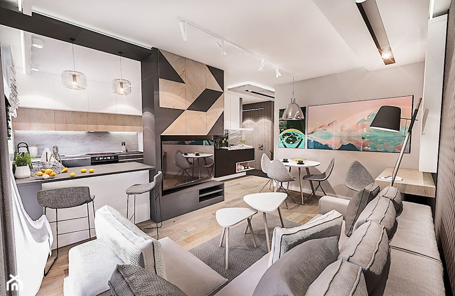 Projekt mieszkania 70m2- Wawa 2017 - Mały biały salon z kuchnią z jadalnią, styl nowoczesny - zdjęcie od BIBI Designe