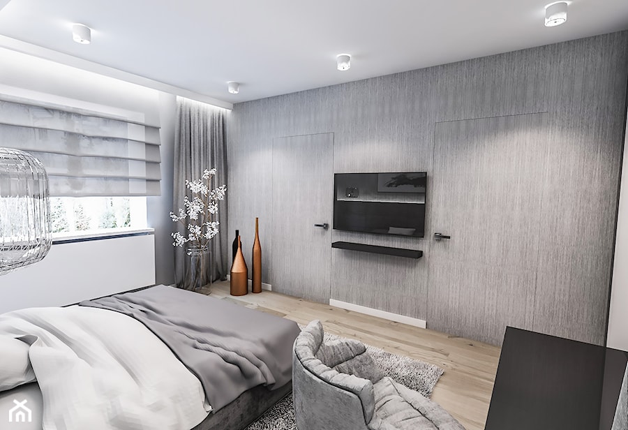 Projekt domu pod Łodzią - Średnia biała szara sypialnia, styl nowoczesny - zdjęcie od BIBI Designe