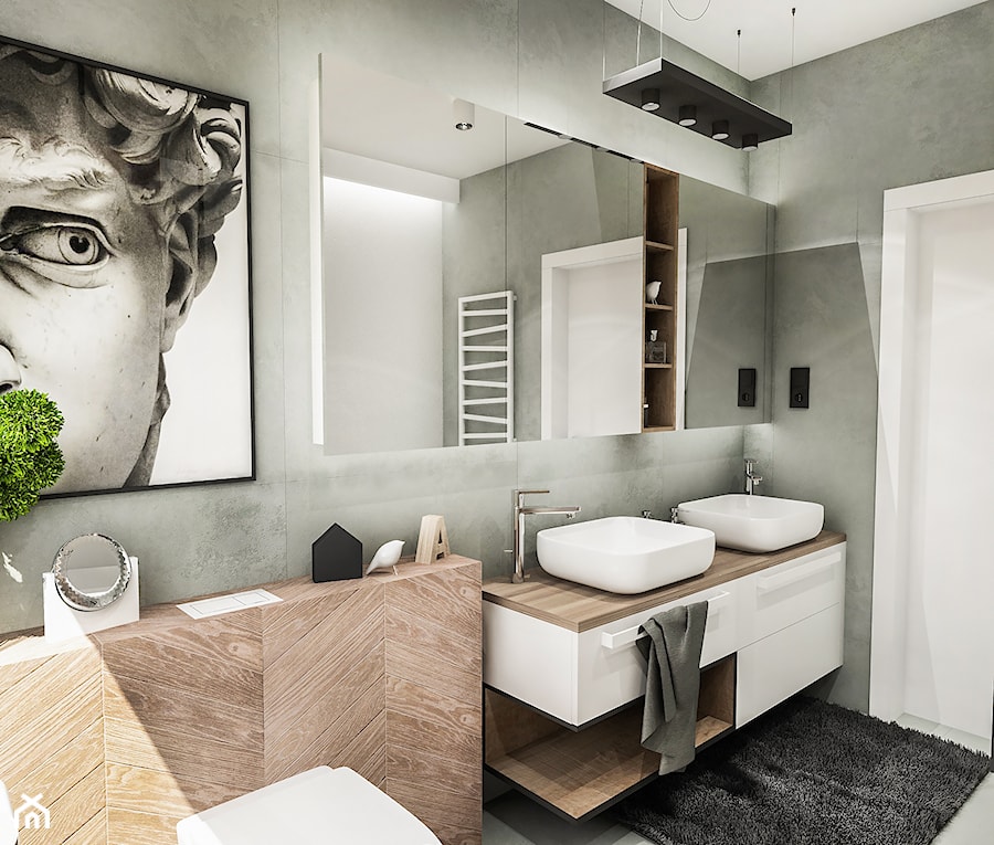 Projekt domu pod Nowym Sączem - Średnia z lustrem z dwoma umywalkami z punktowym oświetleniem łazienka - zdjęcie od BIBI Designe