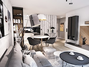 Projekt mieszkania - Austria 2017 - Średni biały salon z kuchnią z jadalnią z bibiloteczką - zdjęcie od BIBI