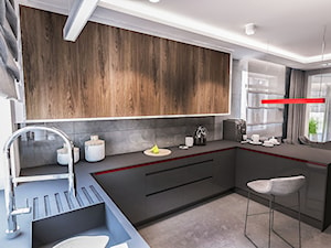 Projekt domu pod Łodzią - Średnia otwarta z salonem z kamiennym blatem czarna z zabudowaną lodówką z lodówką wolnostojącą z podblatowym zlewozmywakiem kuchnia w kształcie litery u z oknem, styl nowoczesny - zdjęcie od BIBI Designe