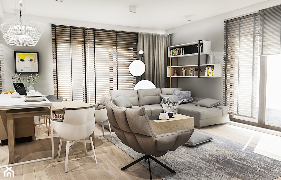 Projekt Mieszkania W-wa 2019 - Mały szary salon z jadalnią - zdjęcie od BIBI Designe