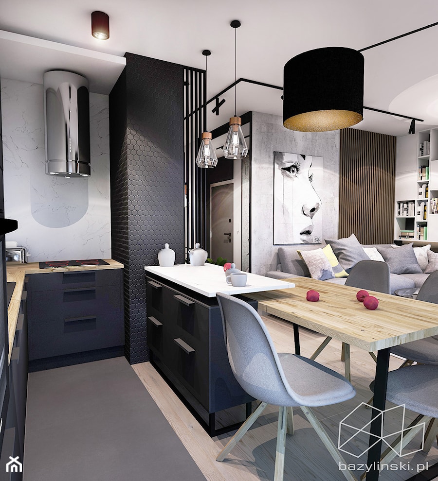 PROJEKT MIESZKANIA - ŁÓDZ 2018 - Średnia z salonem biała czarna z zabudowaną lodówką kuchnia w kształcie litery u z wyspą lub półwyspem - zdjęcie od BIBI Designe