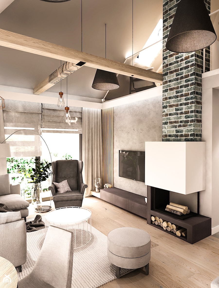 PROJEKT WNĘTRZA DOMU -ŁÓDŹ 2019 - Średni szary salon z jadalnią z tarasem / balkonem - zdjęcie od BIBI Designe