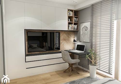 Projekt Mieszkania W-wa 2019 - Średnia biała szara z biurkiem sypialnia - zdjęcie od BIBI Designe