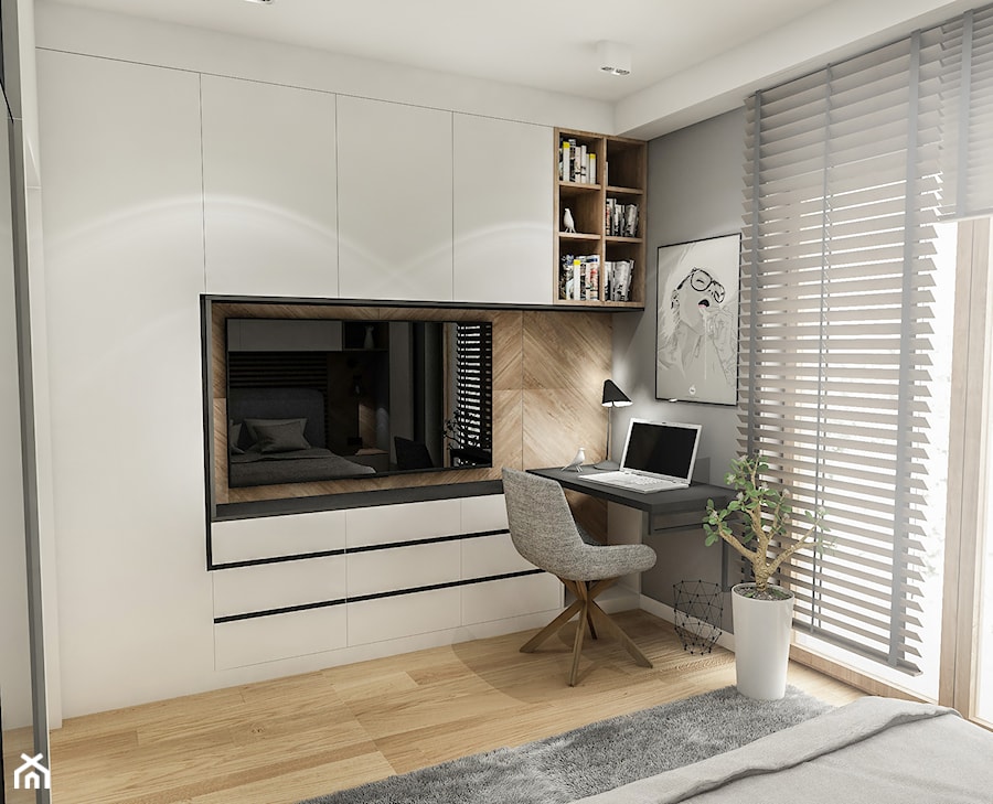 Projekt Mieszkania W-wa 2019 - Średnia biała szara z biurkiem sypialnia - zdjęcie od BIBI Designe