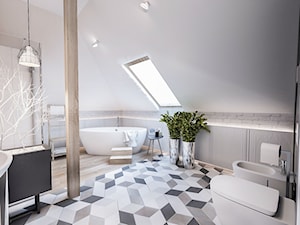 Łazienka na poddaszu ,śląsk - Duża na poddaszu łazienka z oknem, styl skandynawski - zdjęcie od BIBI
