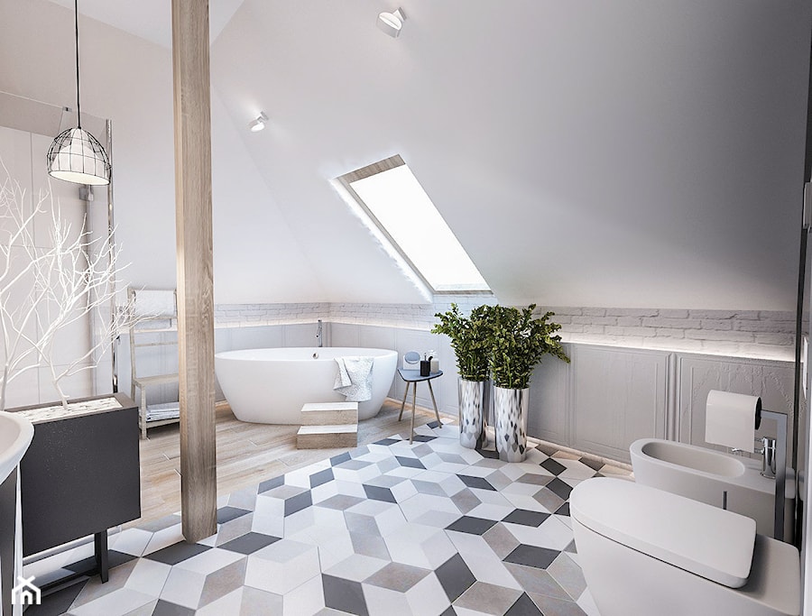Łazienka na poddaszu ,śląsk - Duża na poddaszu łazienka z oknem, styl skandynawski - zdjęcie od BIBI Designe