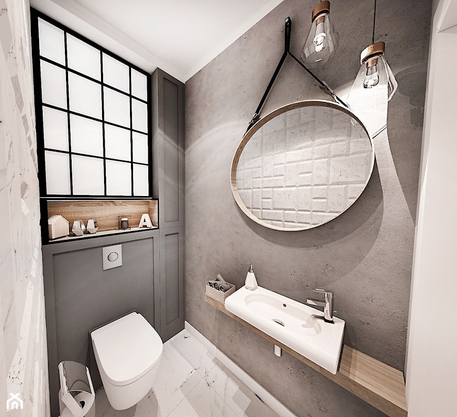 PROJEKT WNĘTRZ DOMU POD WARSZAWĄ 2018 - Mała z lustrem z marmurową podłogą łazienka - zdjęcie od BIBI Designe