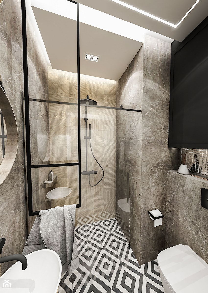 Projekt małej łazienki - Średnia bez okna z punktowym oświetleniem łazienka, styl glamour - zdjęcie od BIBI