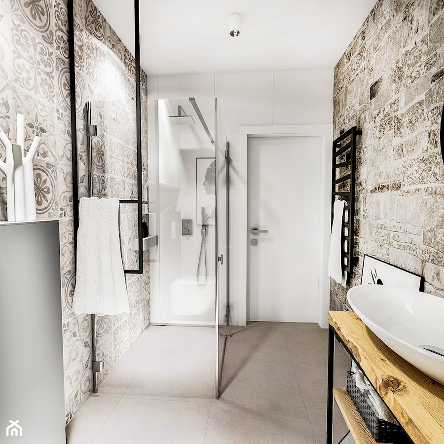 PROJEKT ŁAZIENKI - AU 2018 - Średnia bez okna z punktowym oświetleniem łazienka, styl vintage - zdjęcie od BIBI Designe