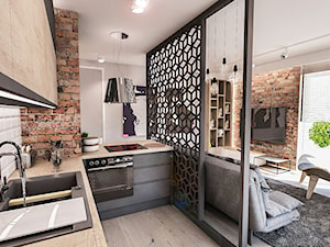 Projekt mieszkania 60 m2 w Gdańsku - Średnia otwarta z salonem szara z zabudowaną lodówką z nablatow ... - zdjęcie od BIBI