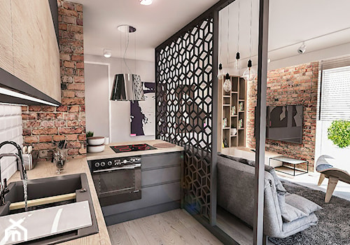 Projekt mieszkania 60 m2 w Gdańsku - Średnia otwarta z salonem szara z zabudowaną lodówką z nablatowym zlewozmywakiem kuchnia w kształcie litery l z oknem, styl skandynawski - zdjęcie od BIBI Designe