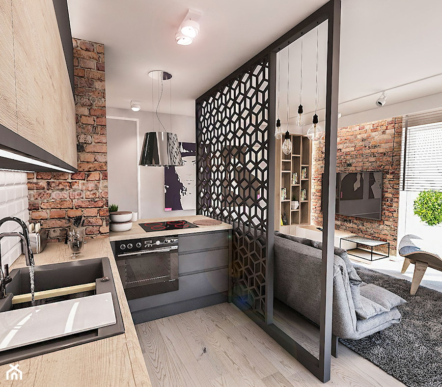 Projekt mieszkania 60 m2 w Gdańsku - Średnia otwarta z salonem szara z zabudowaną lodówką z nablatowym zlewozmywakiem kuchnia w kształcie litery l z oknem, styl skandynawski - zdjęcie od BIBI Designe