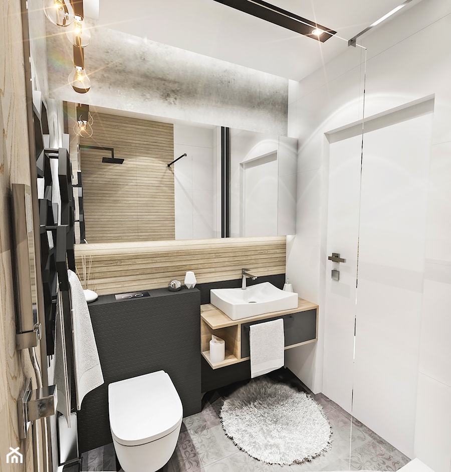 Projekt mieszkania - Gdańsk 2019 r. - Mała bez okna z lustrem z punktowym oświetleniem łazienka, st ... - zdjęcie od BIBI