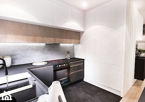 Projekt mieszkania 70m2- Wawa 2017 - Mała otwarta biała szara z zabudowaną lodówką z podblatowym zlewozmywakiem kuchnia w kształcie litery g z oknem, styl nowoczesny - zdjęcie od BIBI Designe