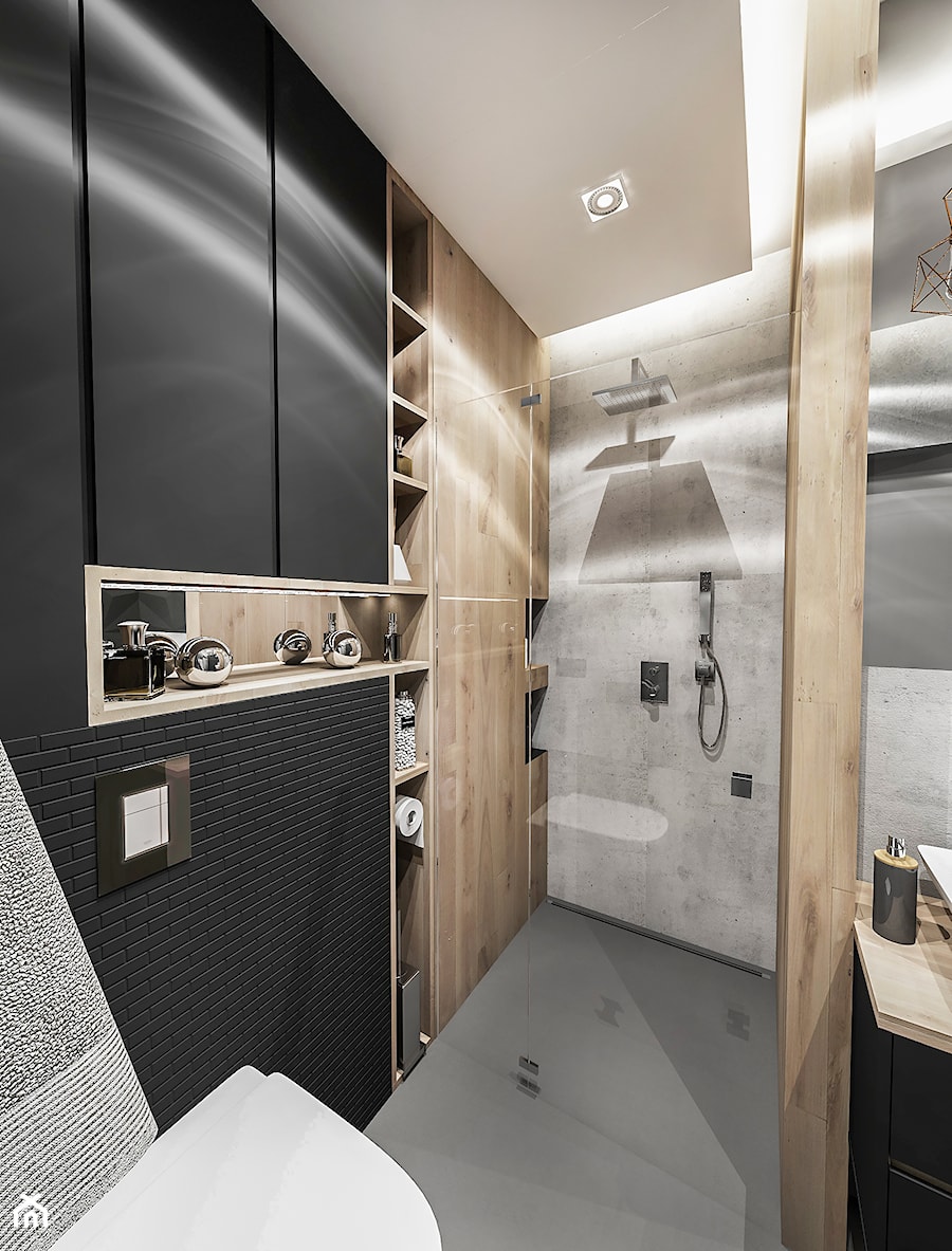 Projekt Mieszkania W-wa 2019 - Średnia bez okna z lustrem z punktowym oświetleniem łazienka - zdjęcie od BIBI Designe