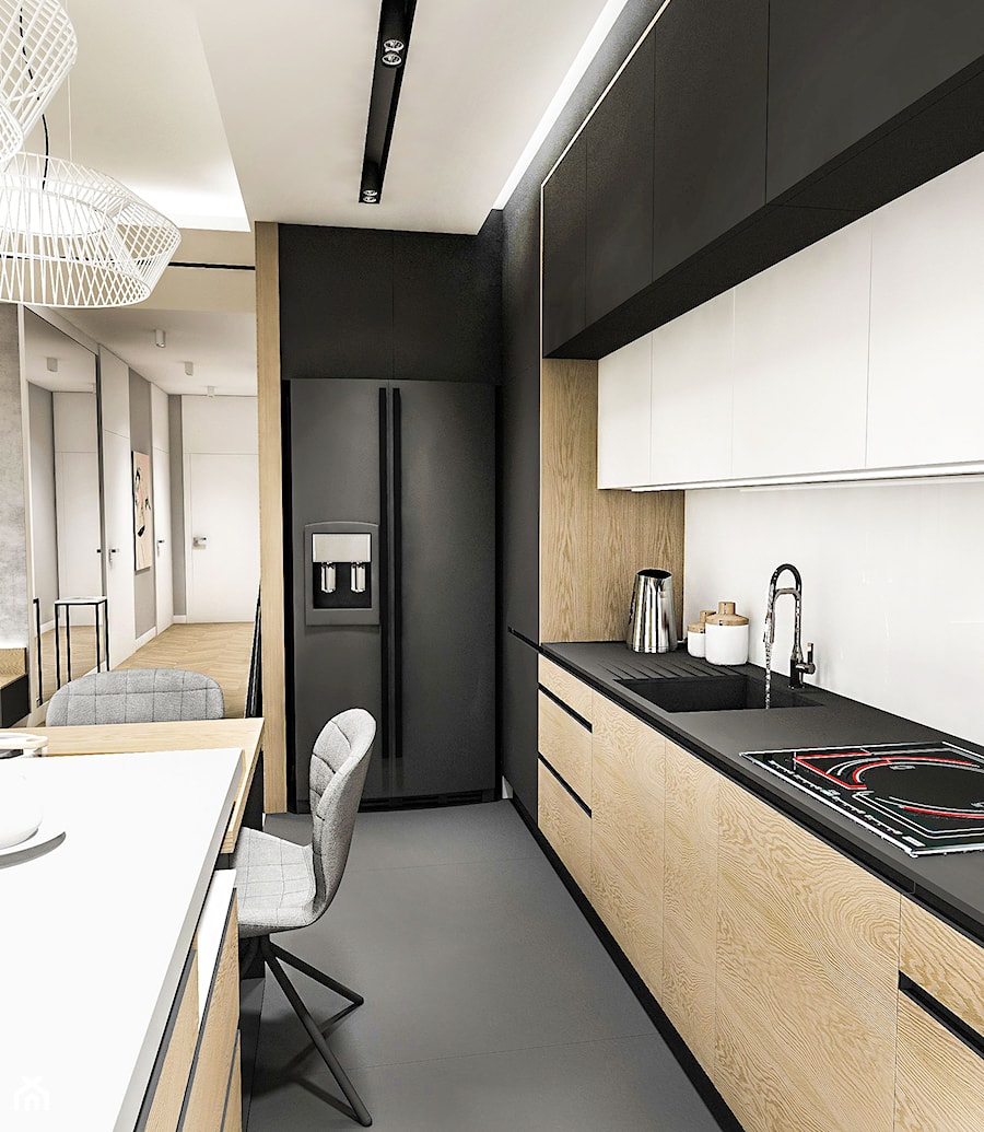 Projekt Mieszkania W-wa 2019 - Średnia otwarta z kamiennym blatem biała czarna z zabudowaną lodówką z podblatowym zlewozmywakiem kuchnia w kształcie litery l - zdjęcie od BIBI Designe