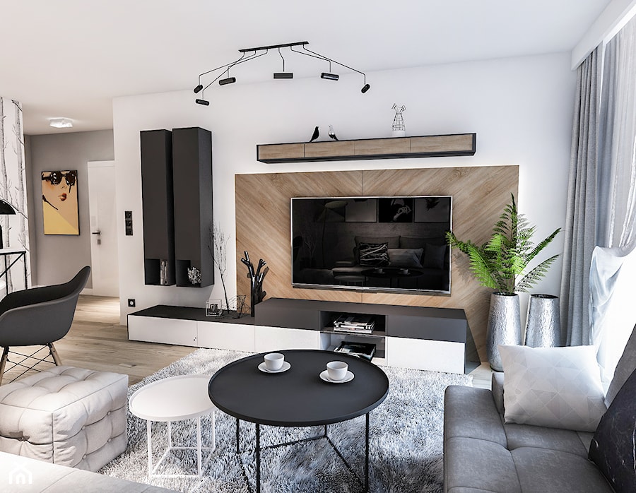 Projekt mieszkania - Austria 2017 - Duży szary salon z jadalnią - zdjęcie od BIBI Designe