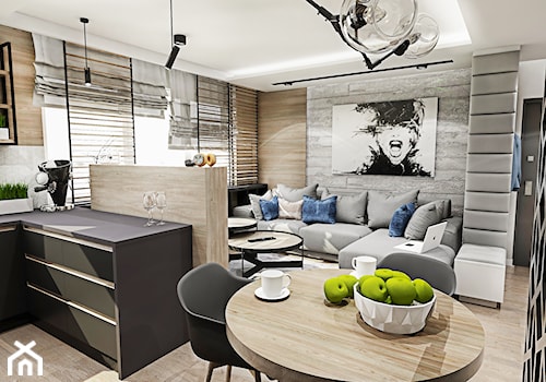 Projekt mieszkania - Gdańsk 2019 r. - Średni biały salon z kuchnią z jadalnią, styl nowoczesny - zdjęcie od BIBI Designe