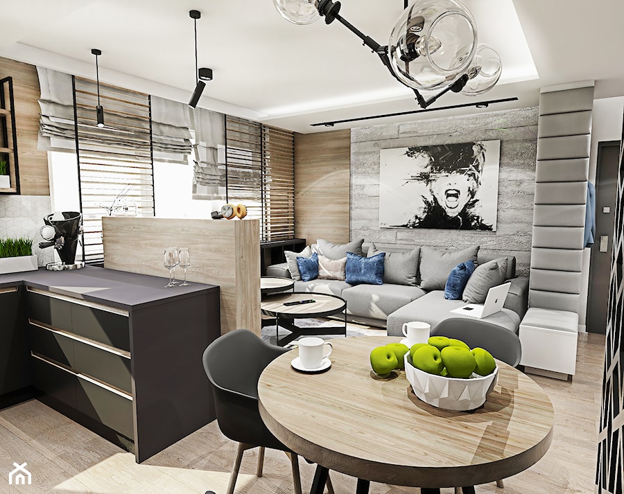 Projekt mieszkania - Gdańsk 2019 r. - Średni biały salon z kuchnią z jadalnią, styl nowoczesny - zdjęcie od BIBI Designe
