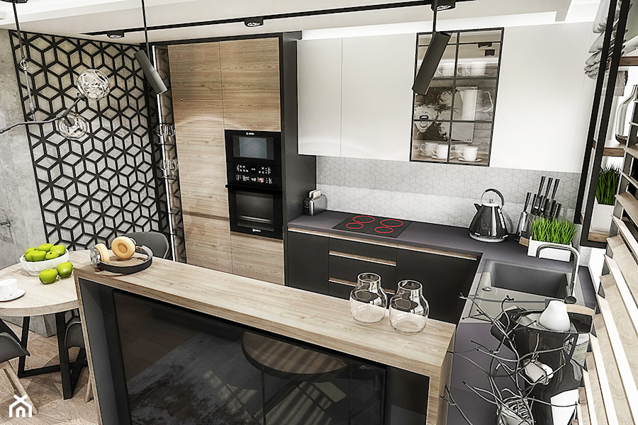 Projekt mieszkania - Gdańsk 2019 r. - Średnia otwarta z zabudowaną lodówką kuchnia w kształcie litery u z oknem, styl nowoczesny - zdjęcie od BIBI Designe