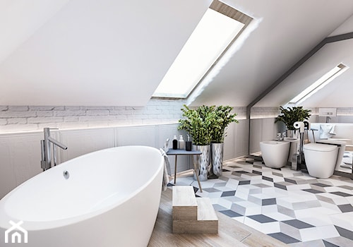 Łazienka na poddaszu ,śląsk - Duża na poddaszu łazienka z oknem, styl skandynawski - zdjęcie od BIBI Designe