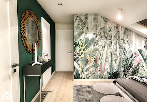Projekt wnętrza domu pod Sewillą - Średnia biała szara zielona sypialnia na poddaszu, styl nowoczesny - zdjęcie od BIBI Designe