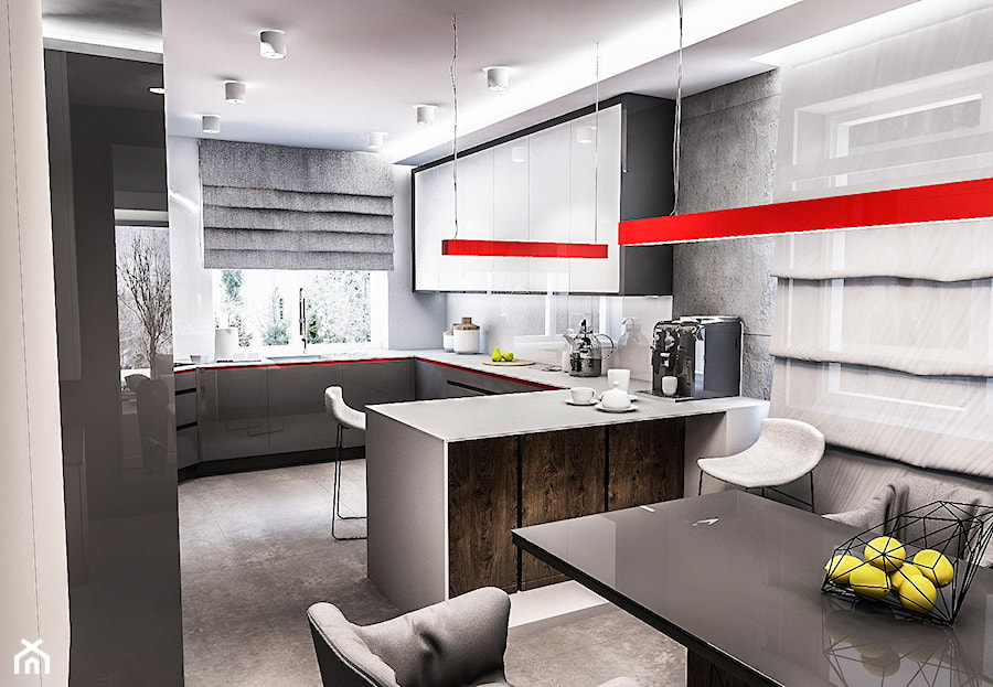 Projekt domu pod Łodzią - Średnia otwarta z zabudowaną lodówką kuchnia w kształcie litery g z oknem z kompozytem na ścianie nad blatem kuchennym, styl nowoczesny - zdjęcie od BIBI Designe