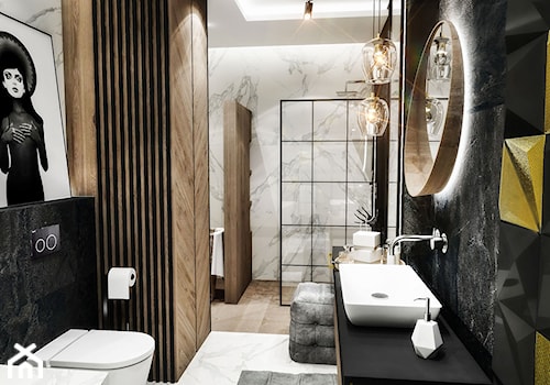 ŁAZIENKA "CIEMNA " 2018 - Średnia bez okna z lustrem z marmurową podłogą z punktowym oświetleniem łazienka, styl glamour - zdjęcie od BIBI Designe