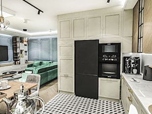 PROJEKT MIESZKANIA - WAWA-SŁUŻEW 2018 - Średnia otwarta z salonem z zabudowaną lodówką kuchnia w kształcie litery l z marmurem nad blatem kuchennym, styl tradycyjny - zdjęcie od BIBI Designe